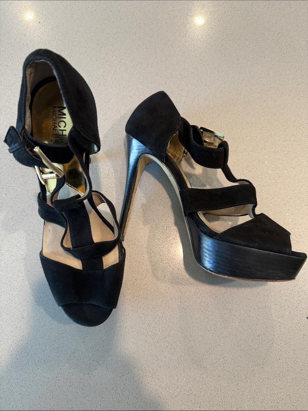 Michael Kors Sz 7 Black Suede Strappy Platform Stiletto Heels